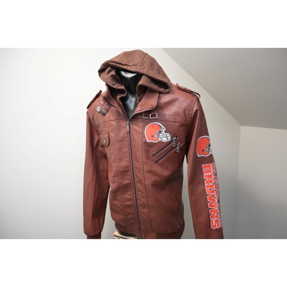 NFL‎ Cleveland Browns Pleather Military Cargo Jacket Hooded Mens Size Large - Picture 3 of 11